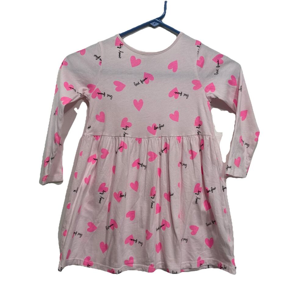 H&M Girls Dress Pink Heart Print Round Neck Long Sleeve Size 4-6 Summer casual